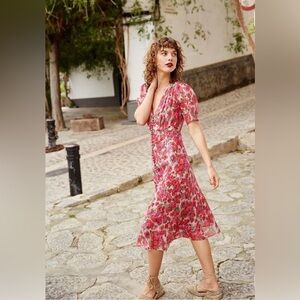 The Kooples Pink Floral Midi Dress with Puff Sleeves